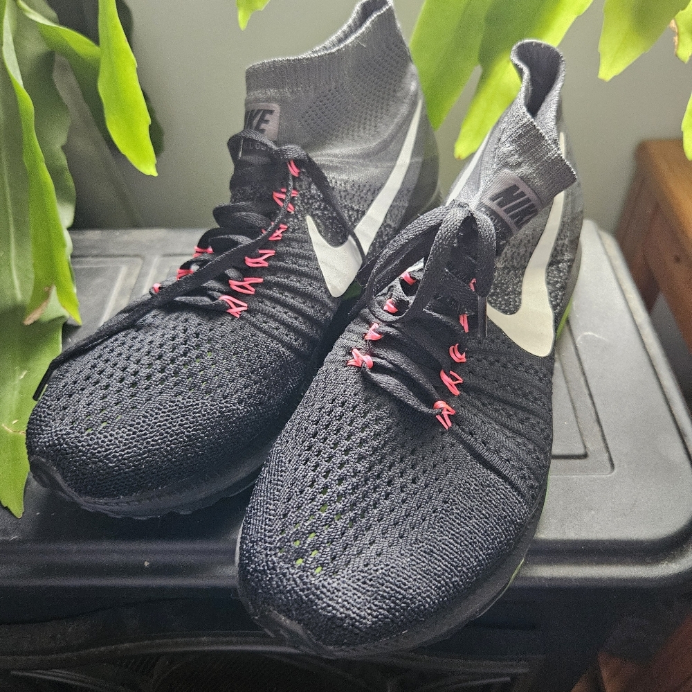 Nike Flyknit Zoom All Out Black & White High-Top Running Shoes with Pink Accents